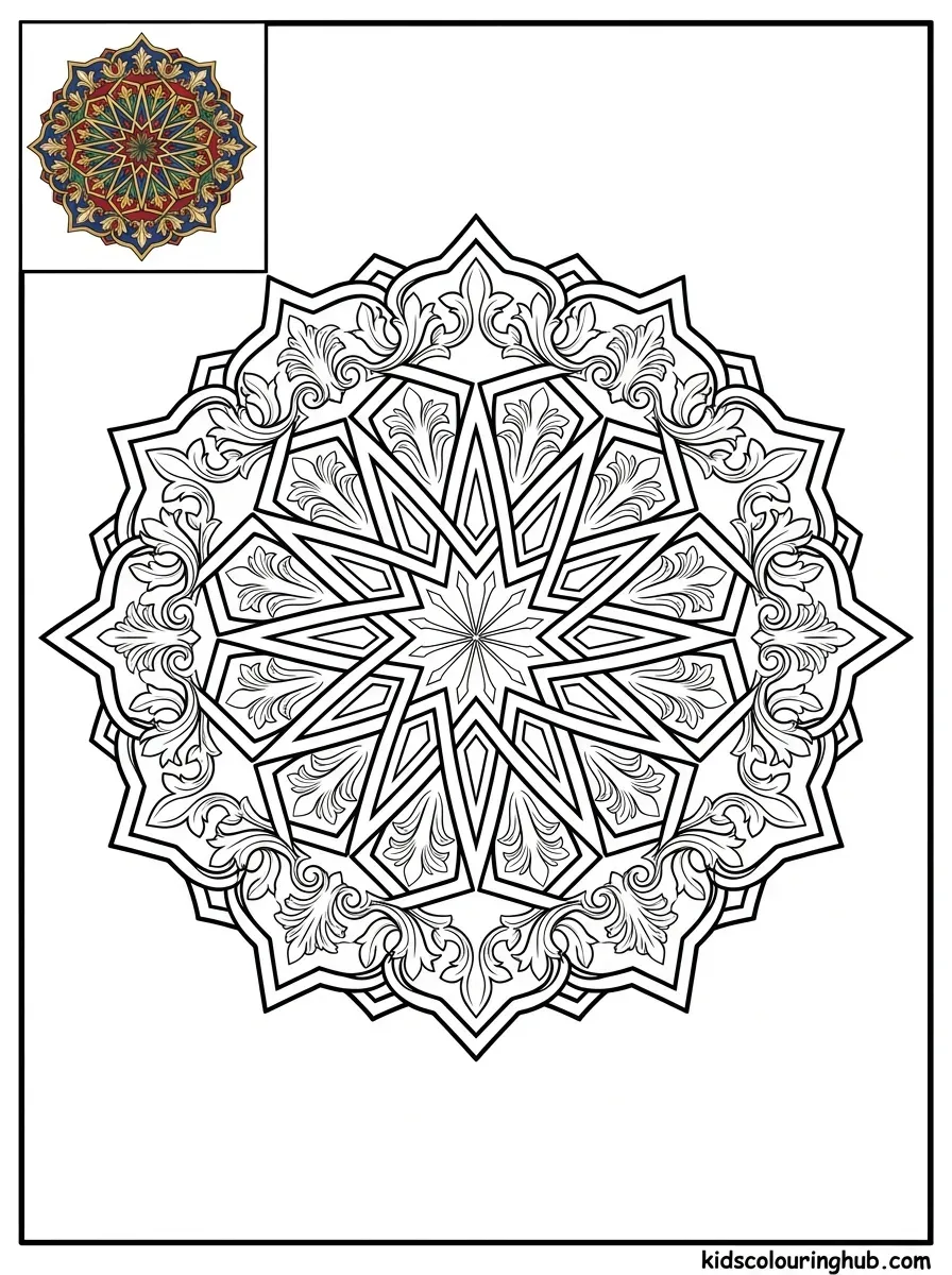 Ornate baroque star rosette coloring page