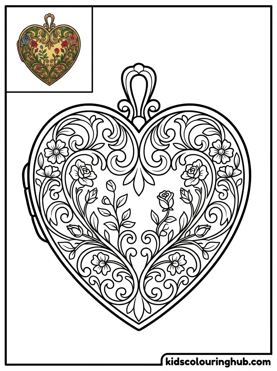 Ornate heart locket coloring page for kids