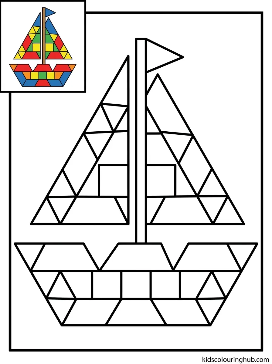 Pattern block sailing boat coloring page for kids