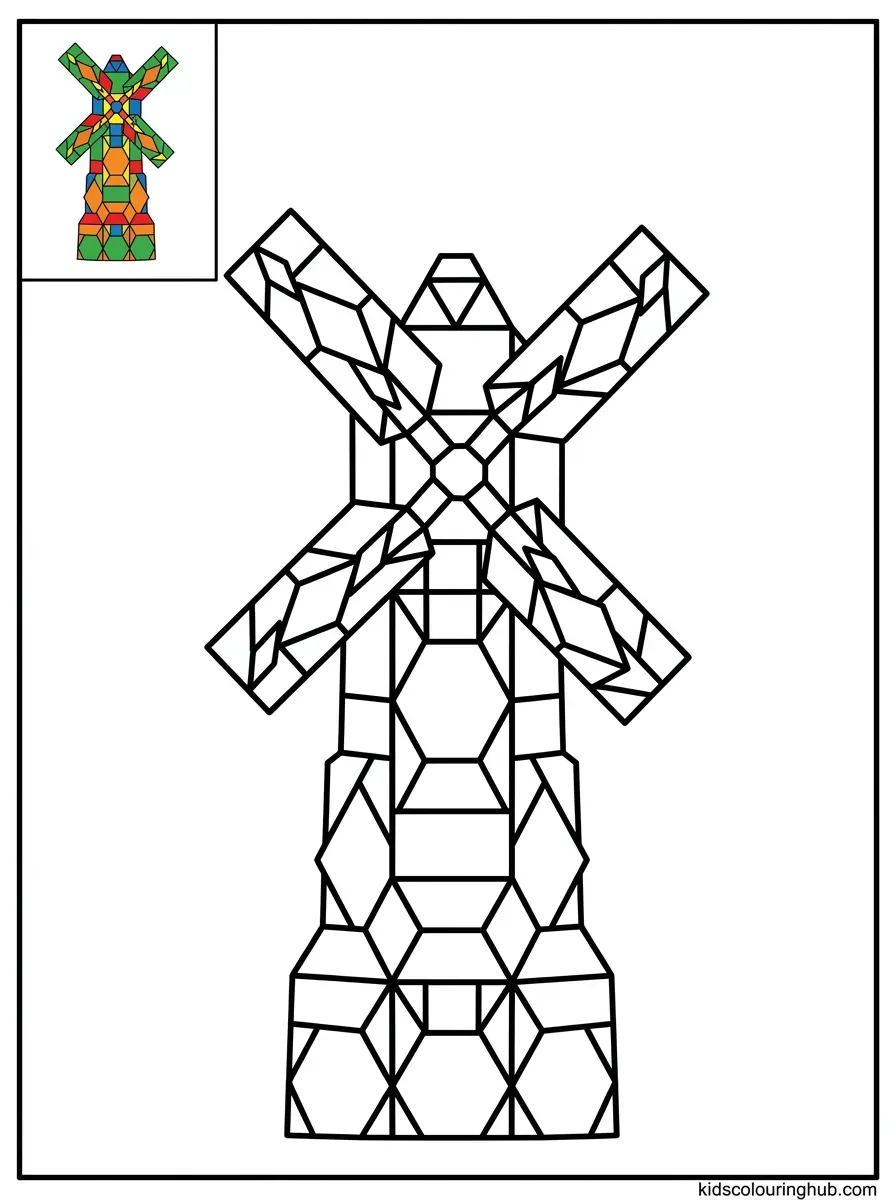 Pattern block windmill coloring page for kids