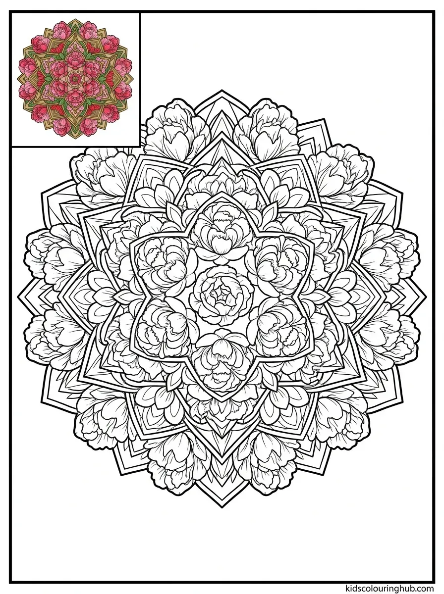 Line art of a peony flourish mandala