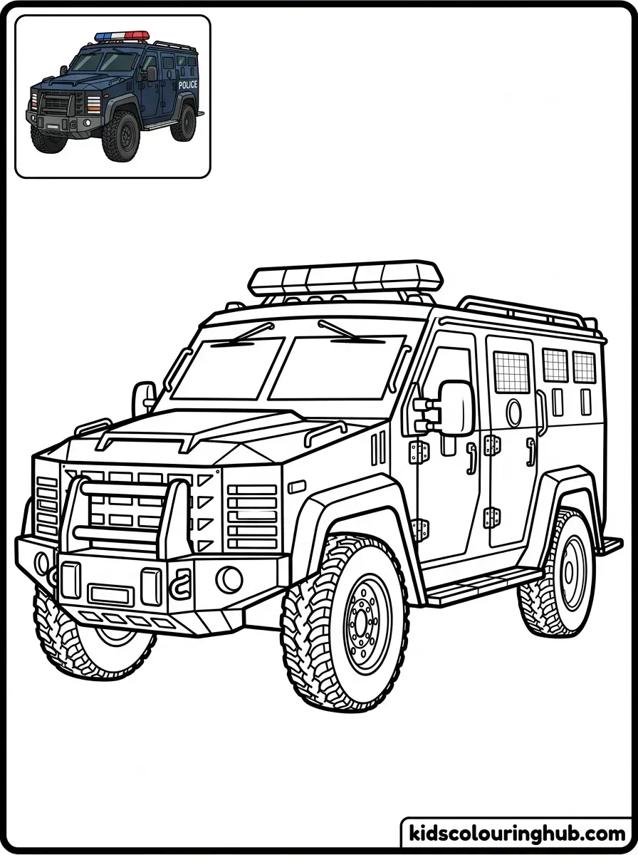 Police armored vehicle coloring page with protective features