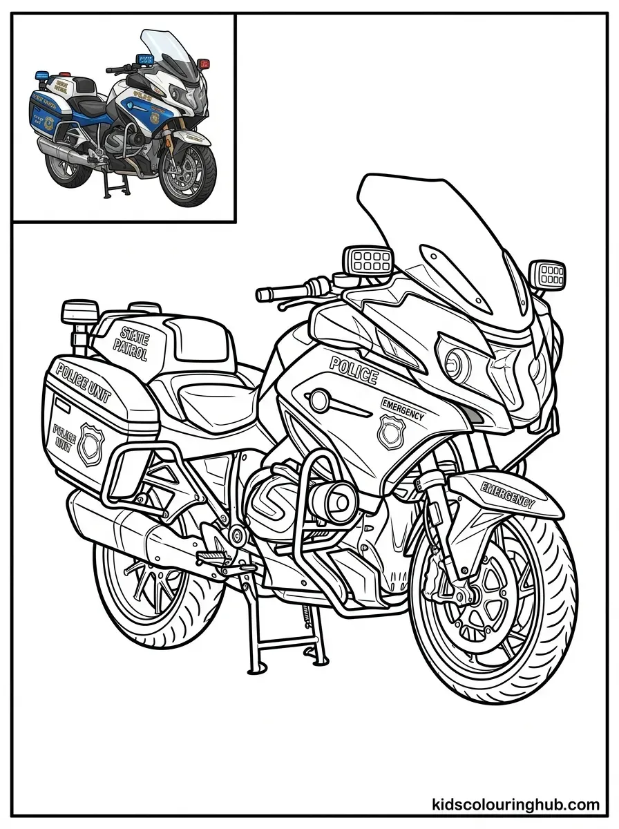 Police motorcycle unit coloring page with emergency lights