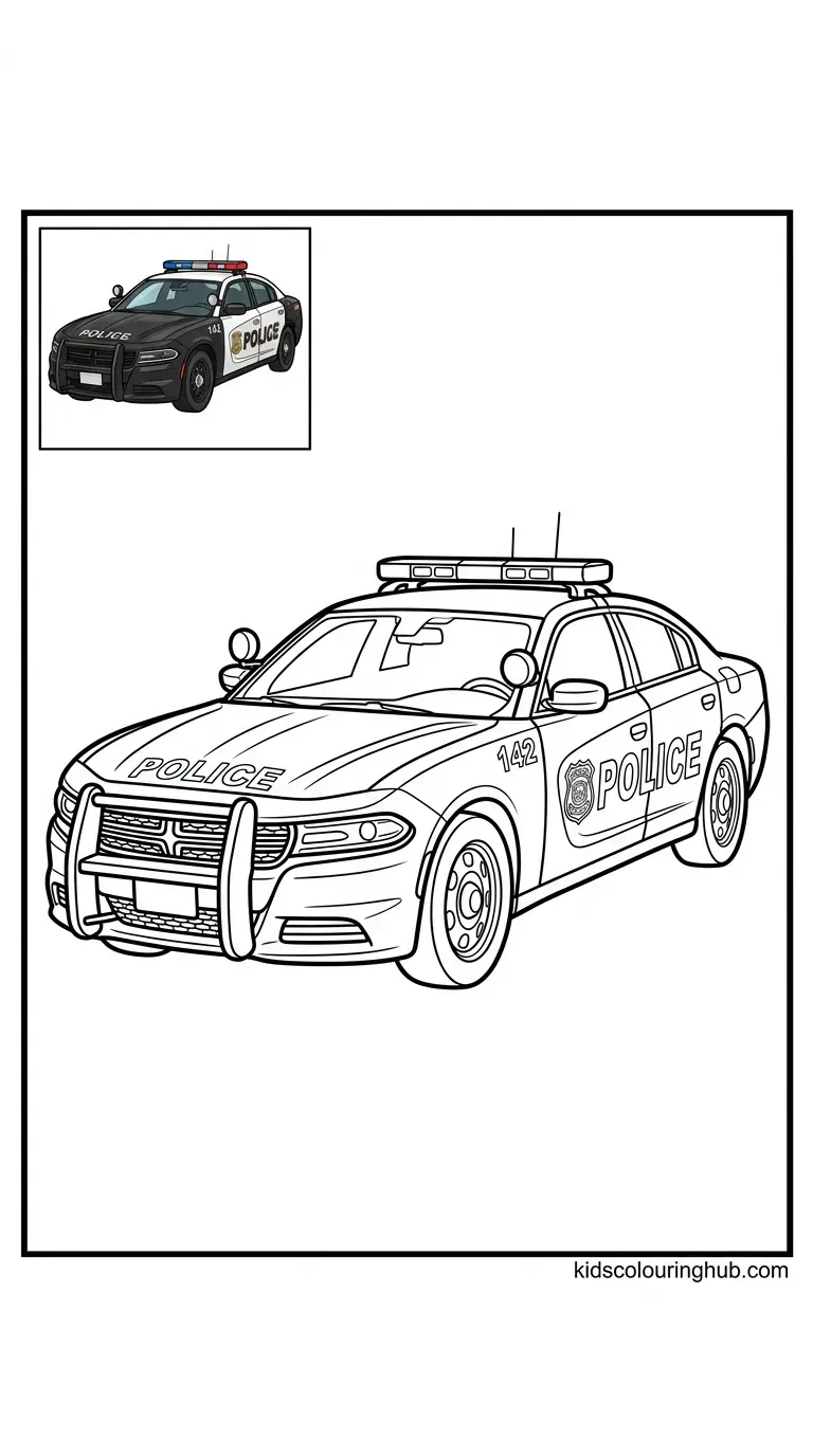 Black and white line art of a police patrol car with thick outlines and a colored thumbnail