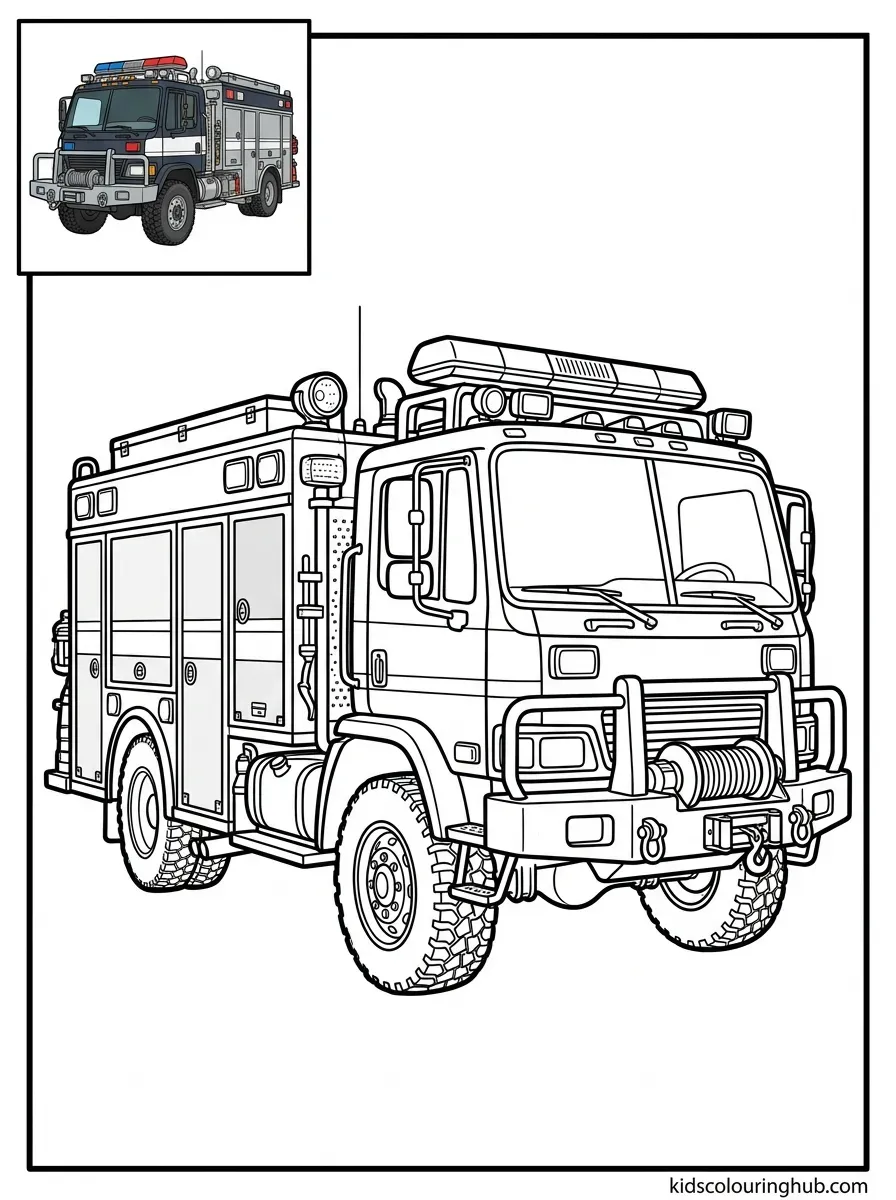 Police rescue vehicle with emergency lights coloring page