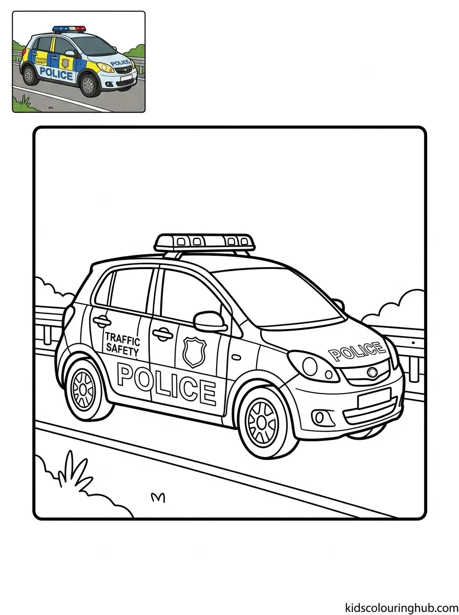 Police traffic safety car coloring page in black and white