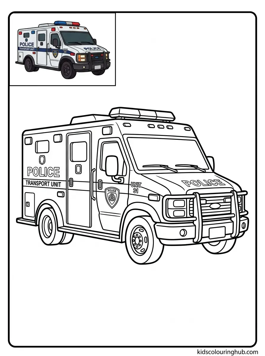 Police transport van coloring page with official markings