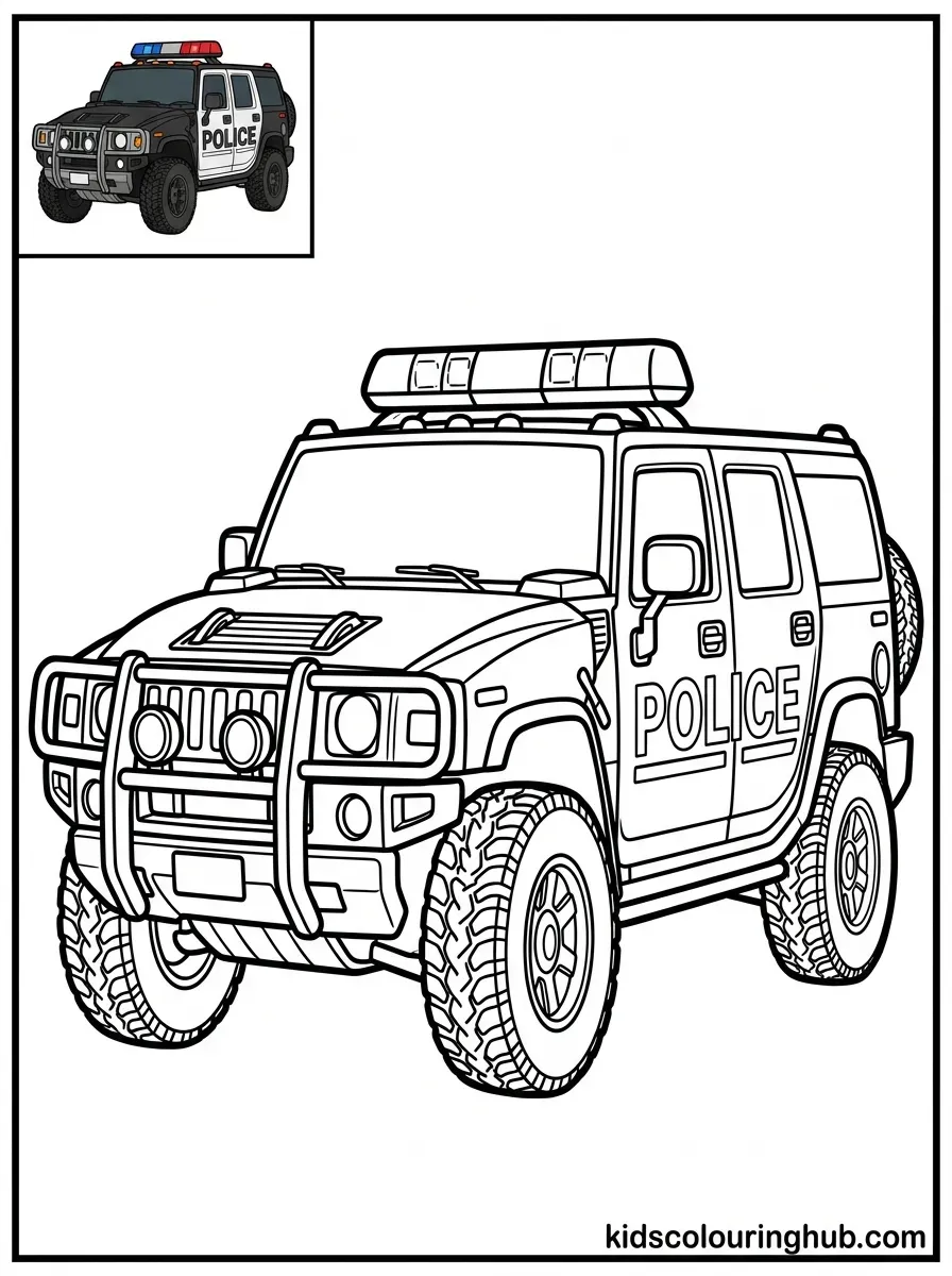 Powerful police SUV coloring page in black and white