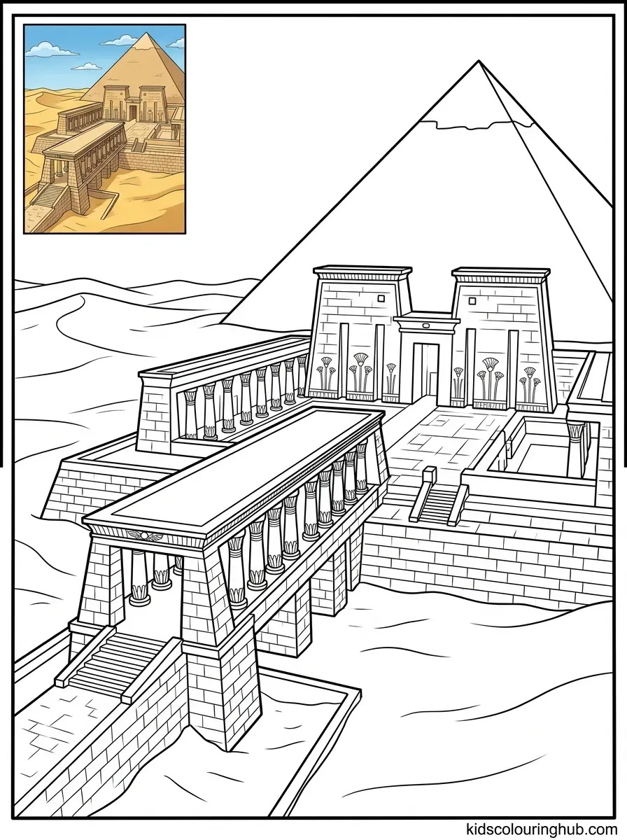 Black and white line art of an ancient Egyptian causeway leading to a temple near a pyramid