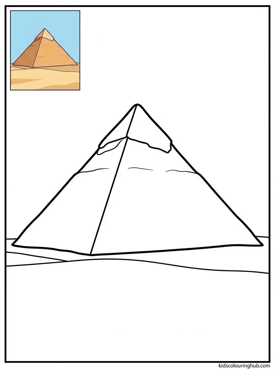 Black and white line art of the Pyramid of Khafre with casing stones at the peak