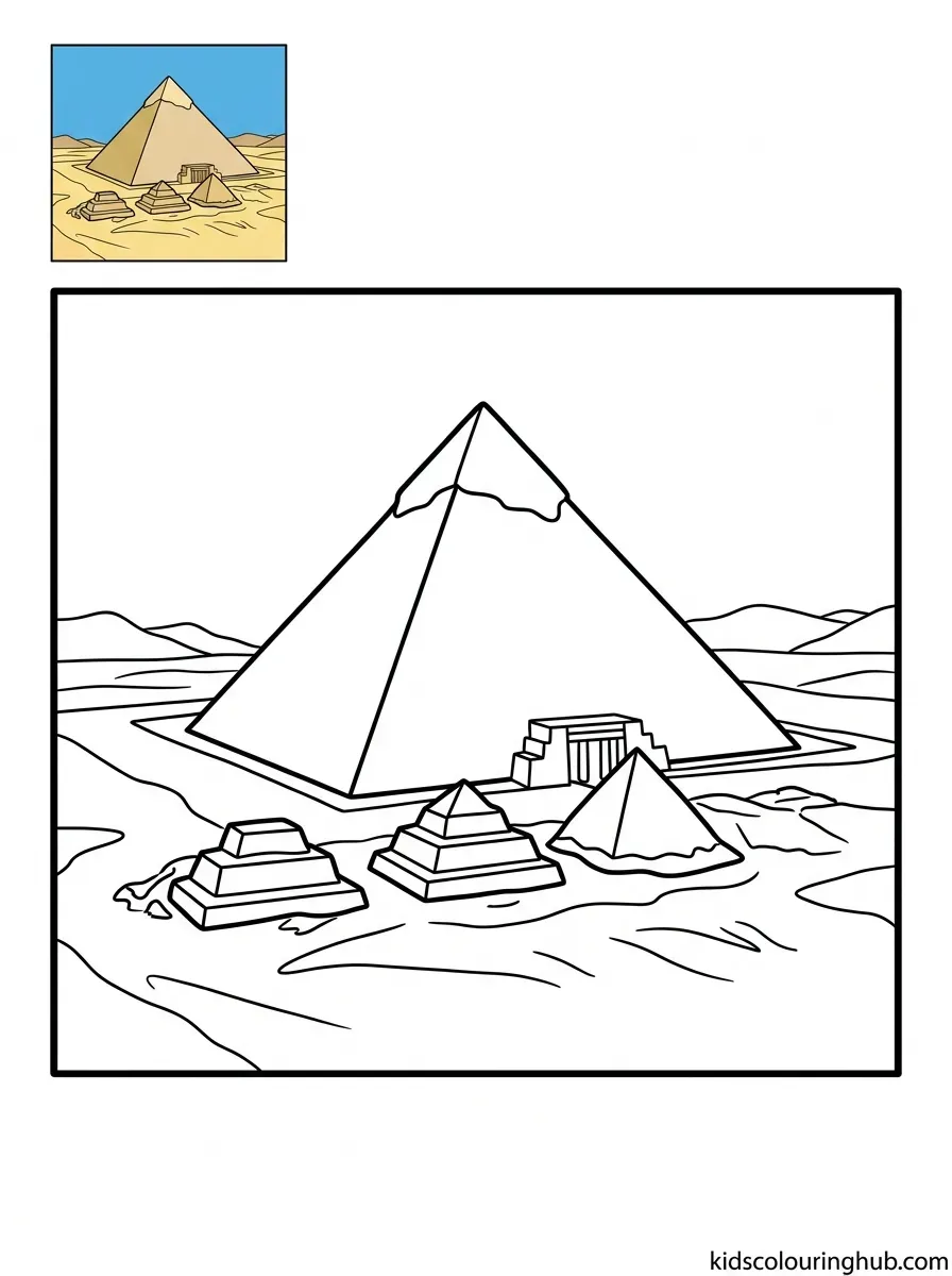 Black and white line art of the Pyramid of Menkaure