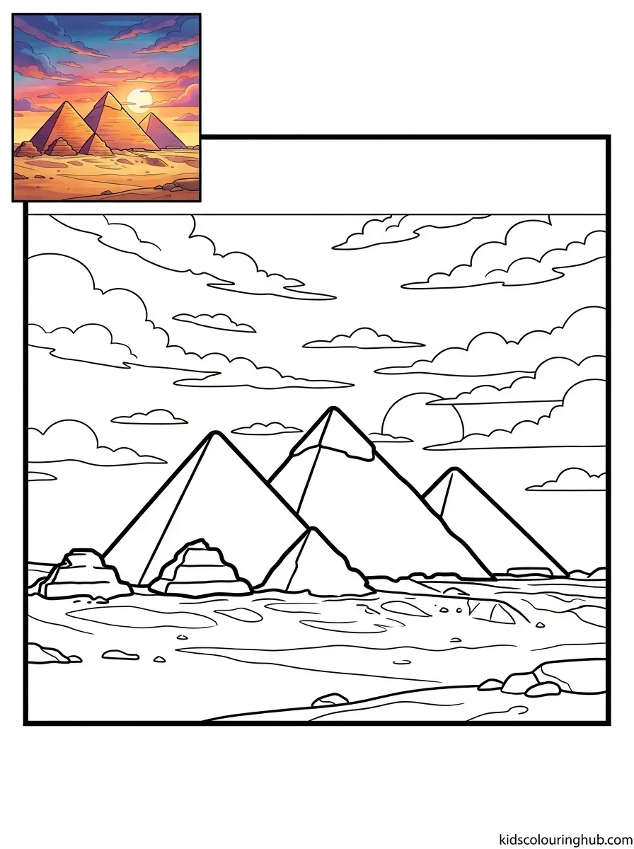 Black and white line art of the Giza pyramids in silhouette at sunset