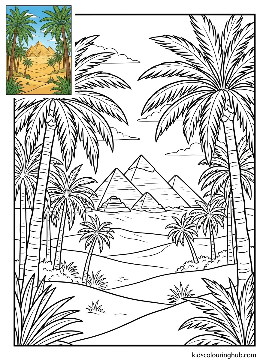 Black and white line art of the Giza pyramids seen through a palm oasis