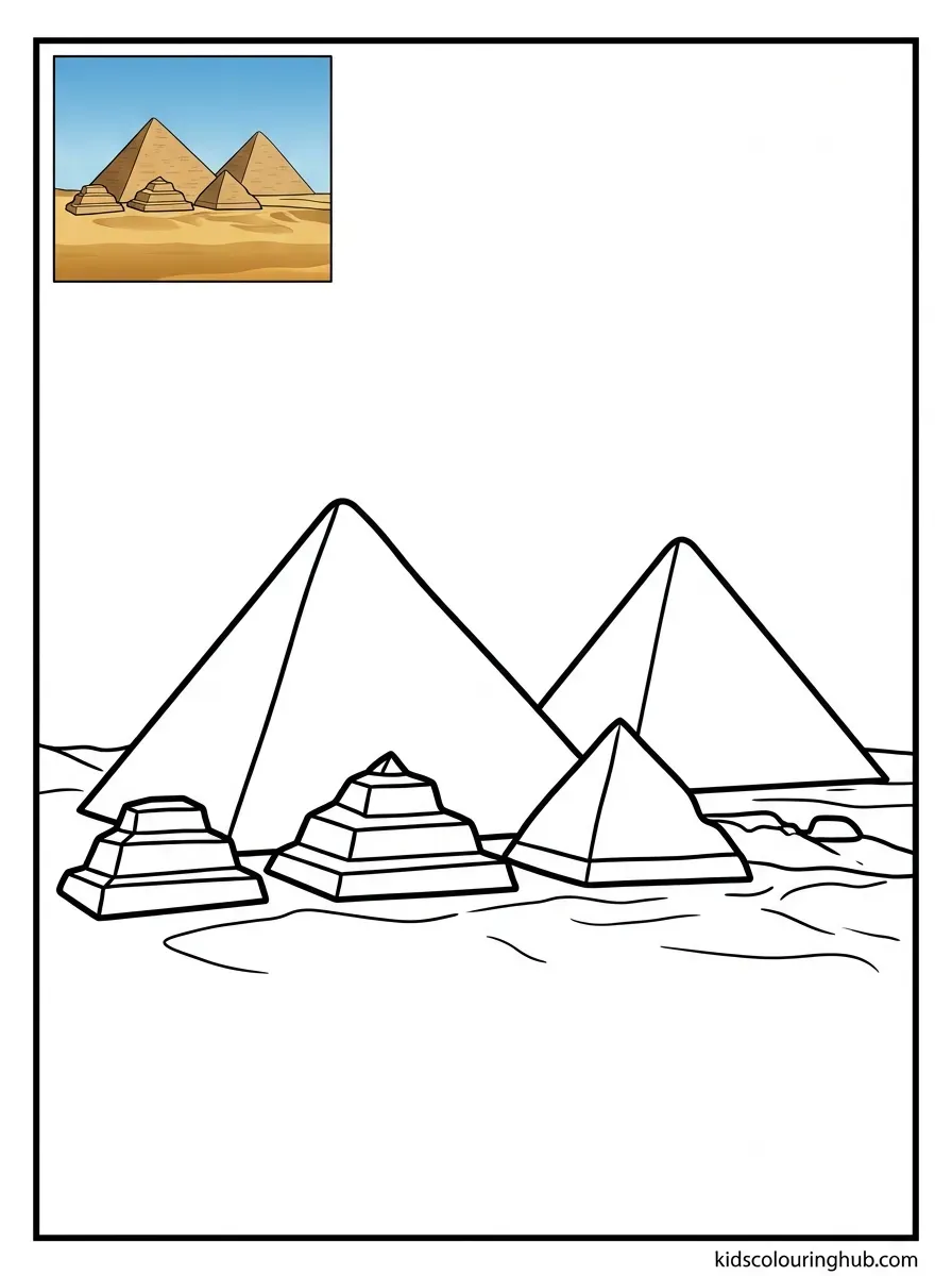 Black and white line art of the three smaller Queen's pyramids near the Great Pyramid