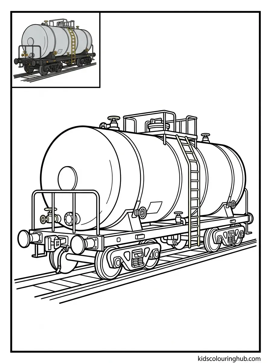 Line art of a cylindrical railway tanker car