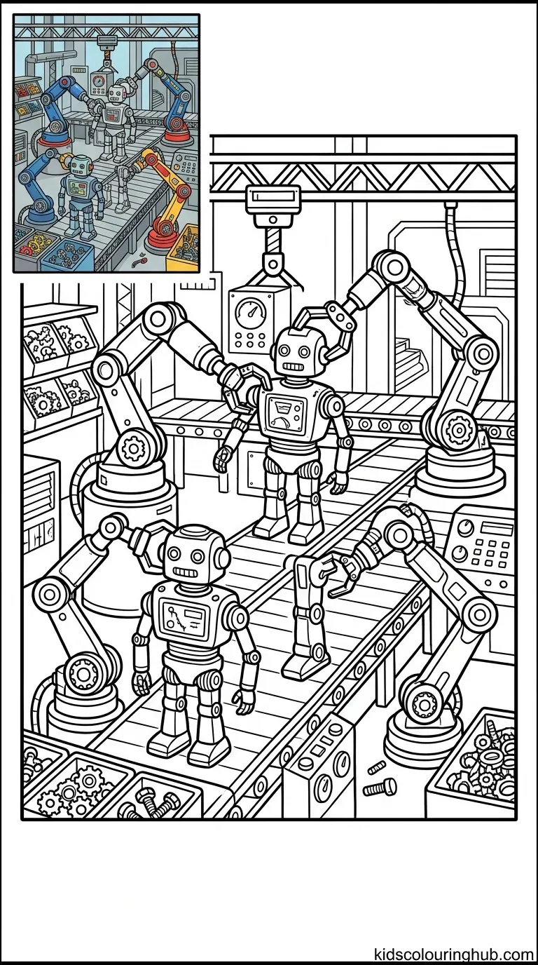 Robotic mechanical arms working on an assembly line