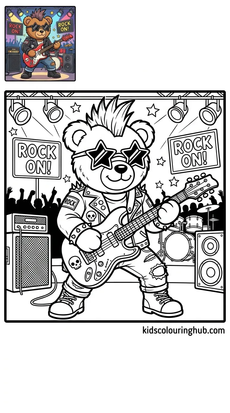 A cartoon teddy bear wearing sunglasses playing a small guitar