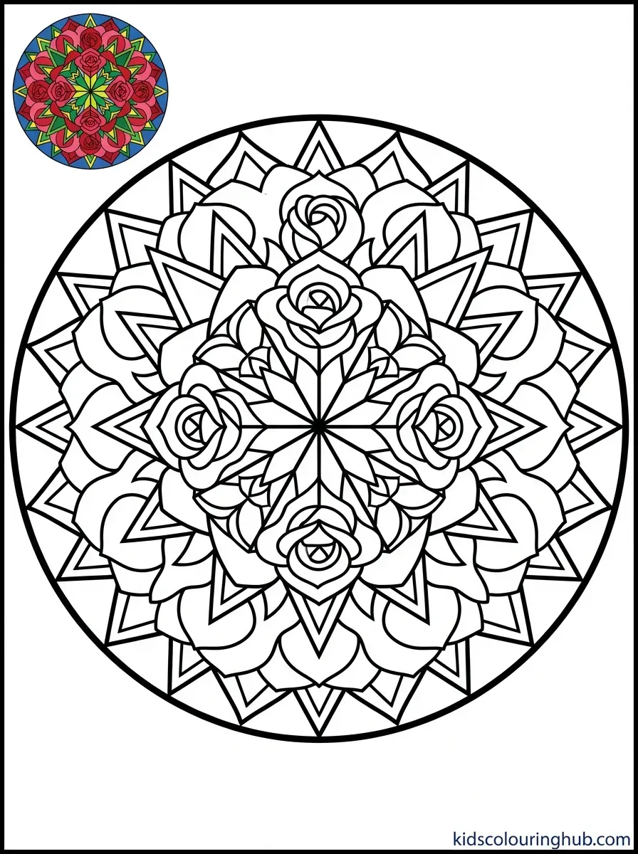 Line art of a rose petal mandala