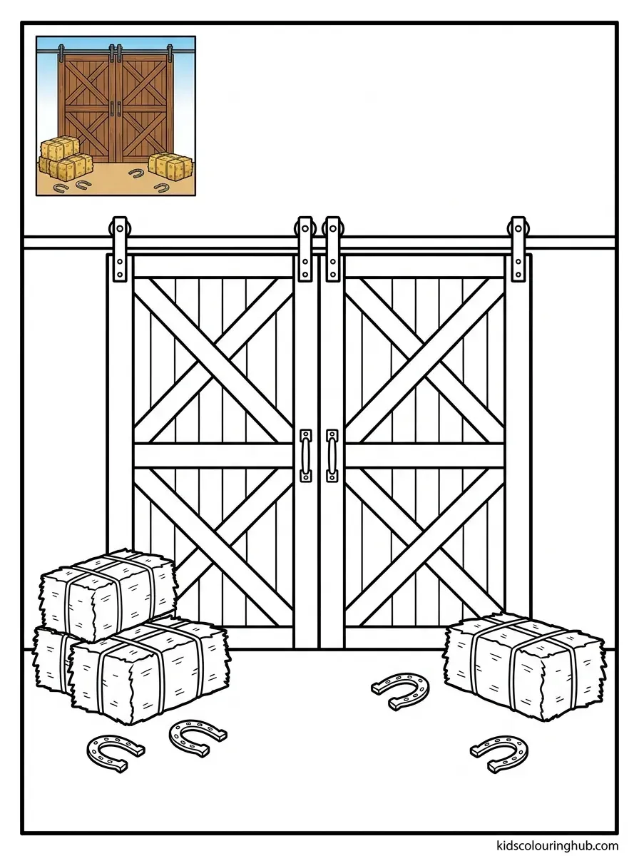 Rustic barn double doors coloring page for kids