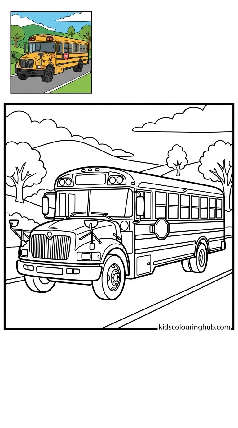 Black and white line art of a school bus transport with thick outlines and a colored thumbnail