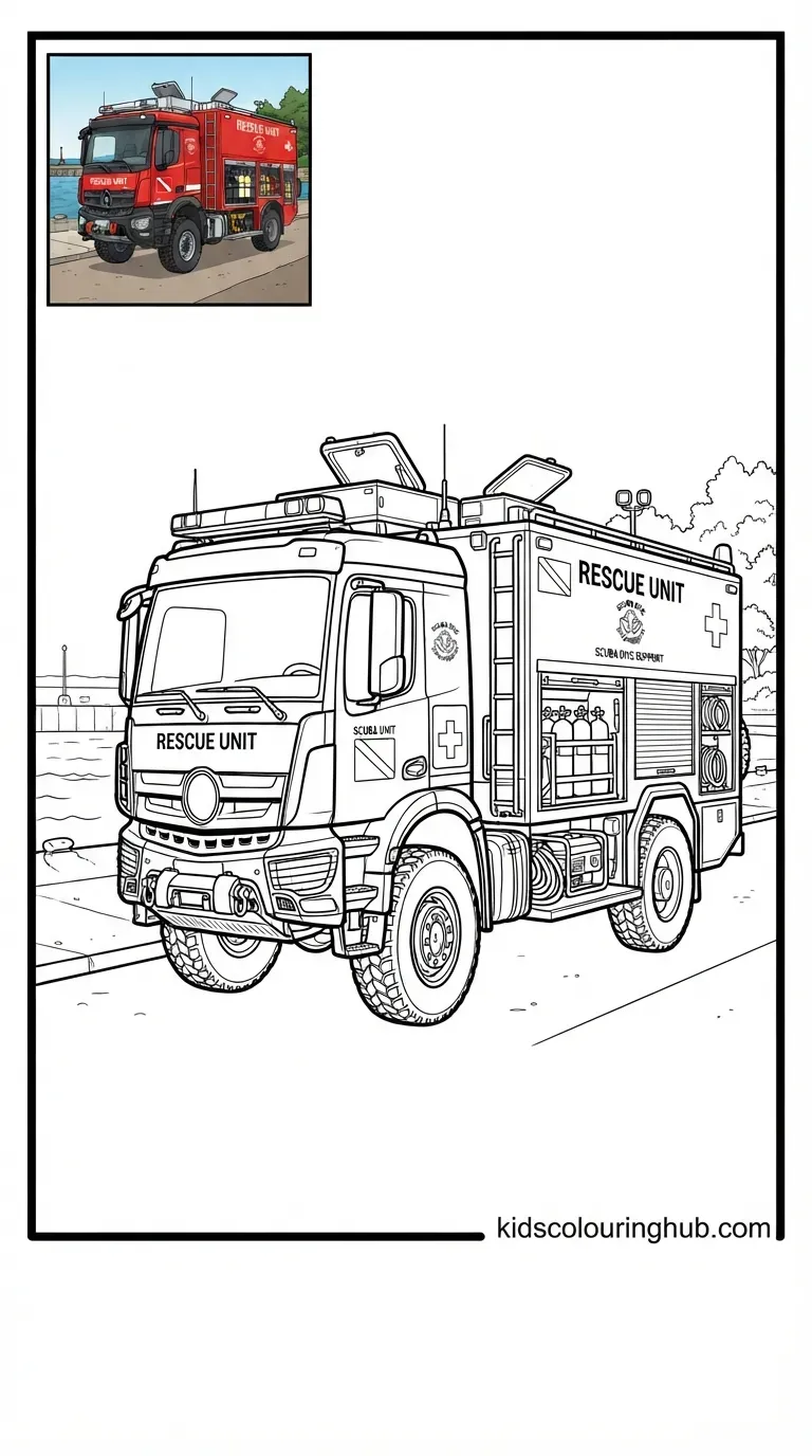 Black and white line art of a mobile scuba rescue unit truck with thick outlines and a small colored thumbnail.