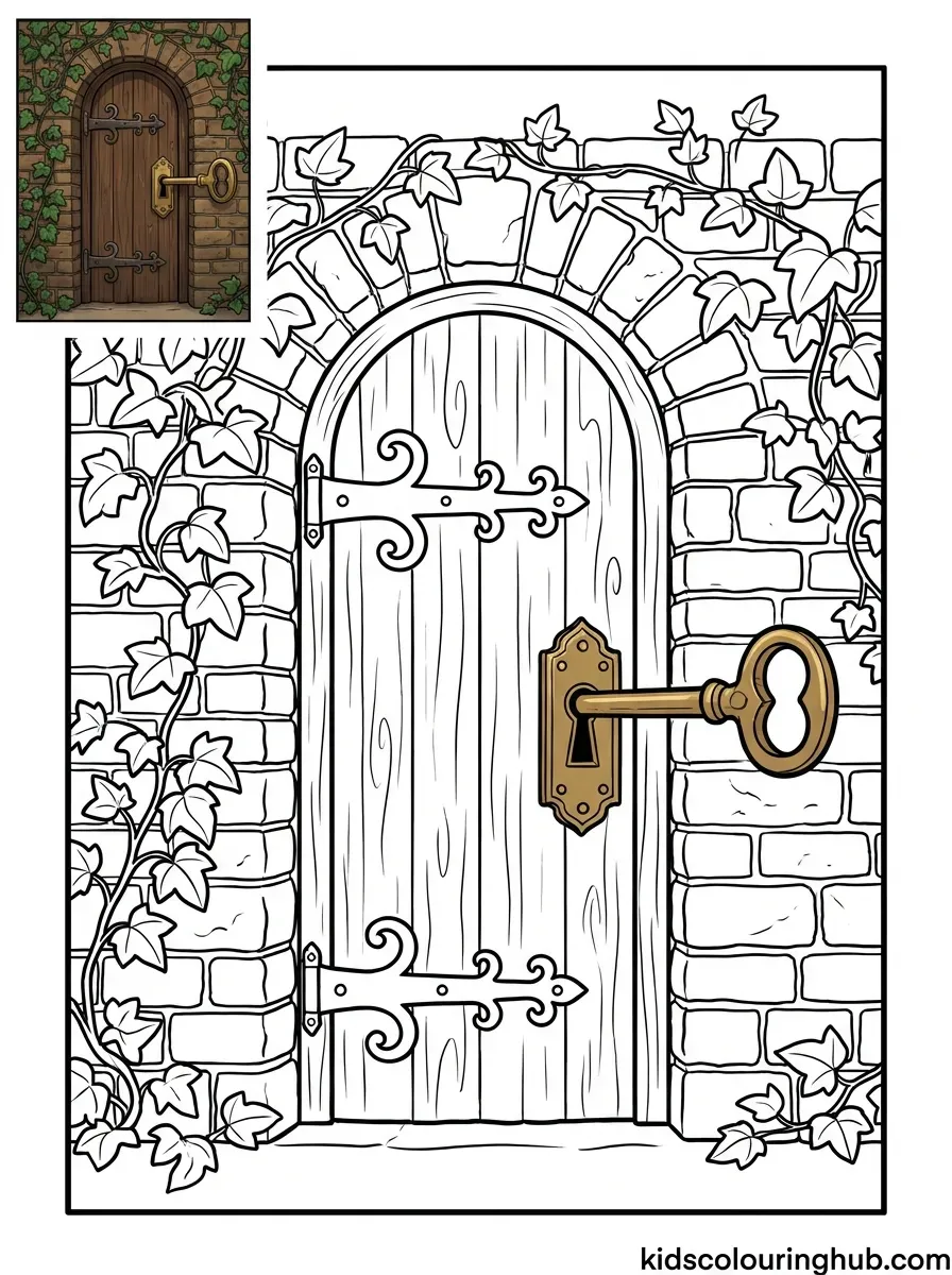 Secret garden wooden door coloring page for kids