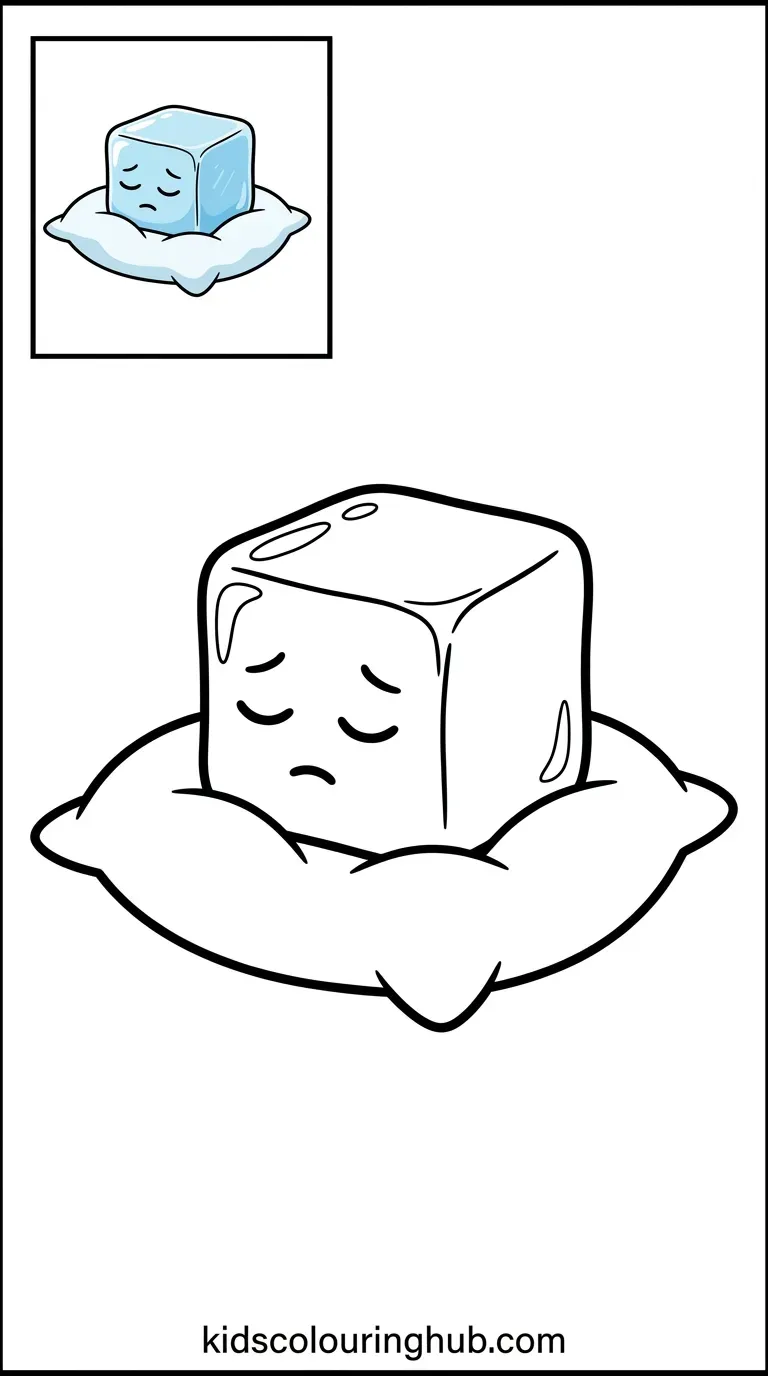 Sleepy ice cube on snow pillow coloring page