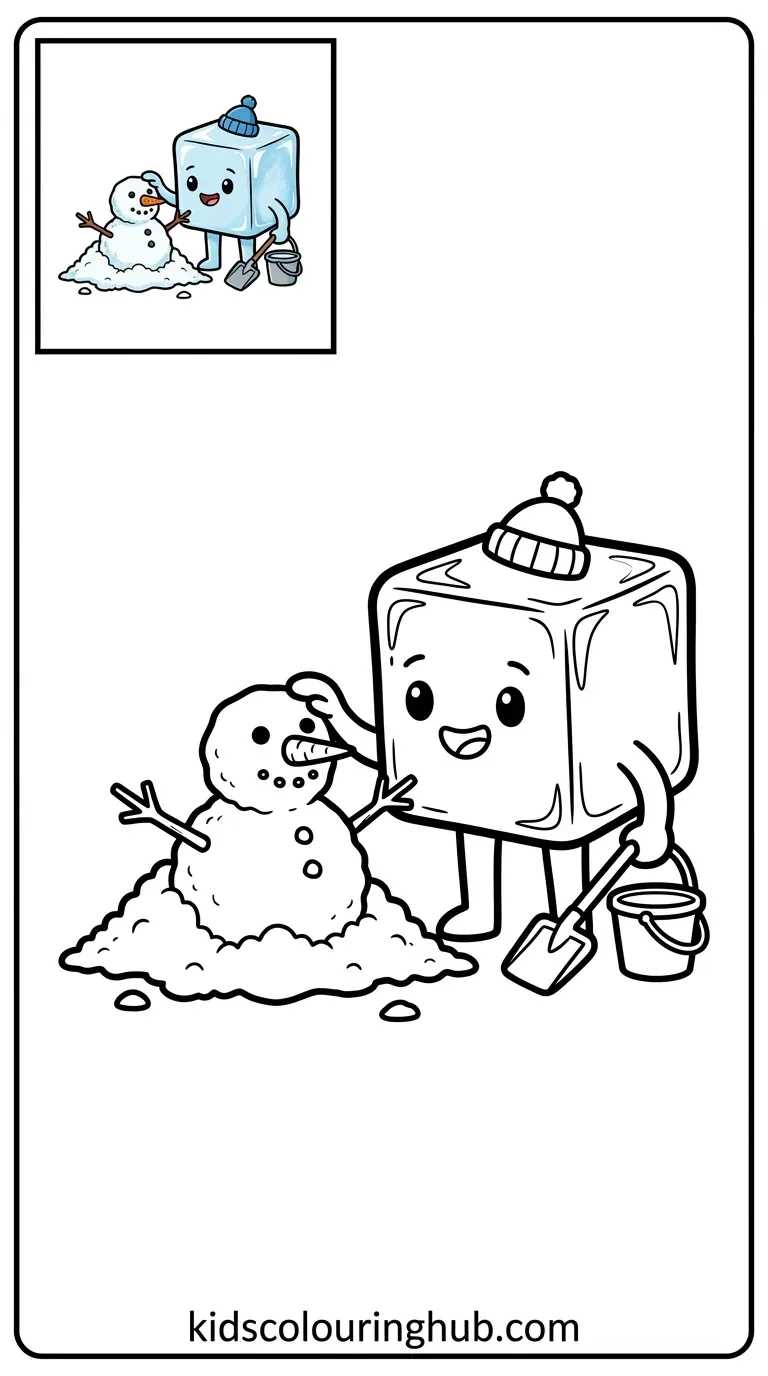 Ice cube building a snowman coloring page