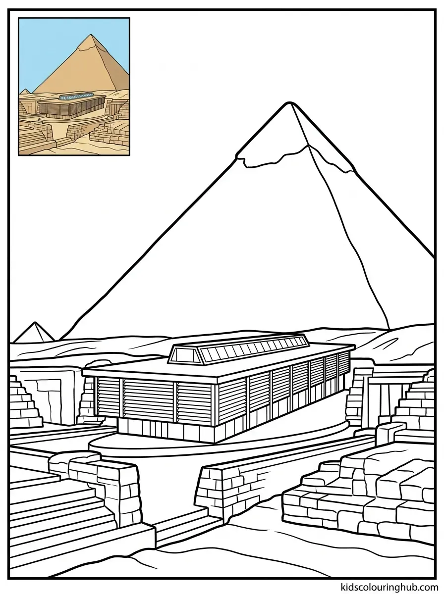 Black and white line art of the building housing the Solar Boat near the Pyramids