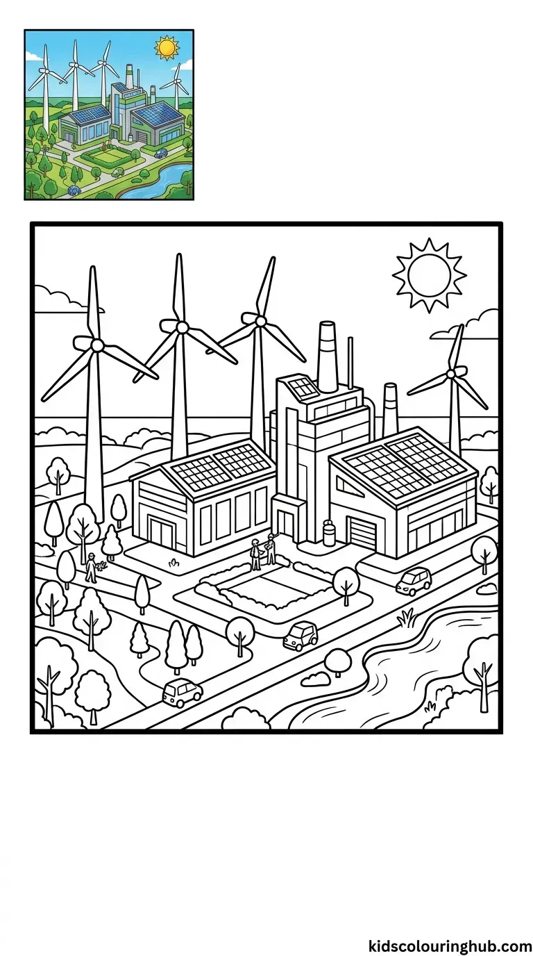 An eco-friendly factory building with solar panels and wind turbines