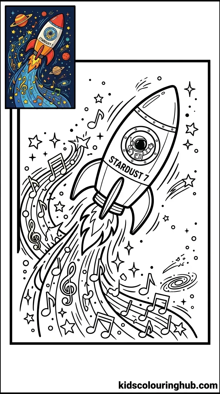 A cartoon space rocket flying among planets, stars, and floating music notes