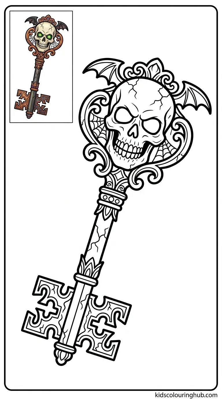 A gothic skeleton key with a skull design bow