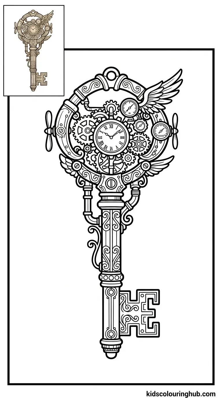 An intricate steampunk key decorated with gears and cogs