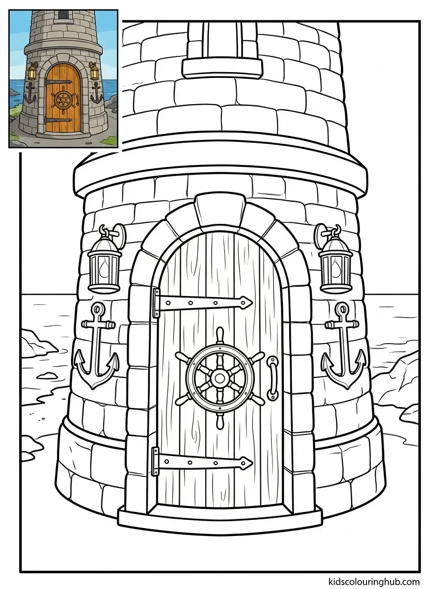 Stone lighthouse tower door coloring page for kids