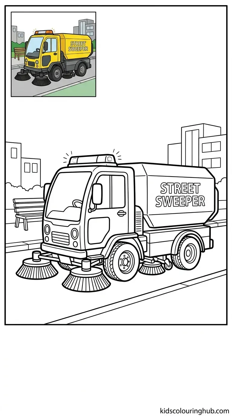 Black and white line art of a street sweeper vehicle with thick outlines and a colored thumbnail