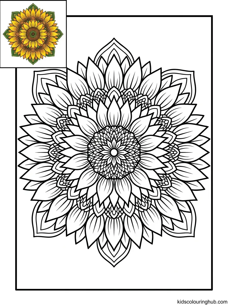 Line art of a sunflower radiance mandala