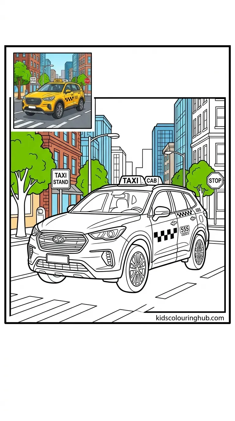 Black and white line art of an SUV taxi service with thick outlines and a colored thumbnail