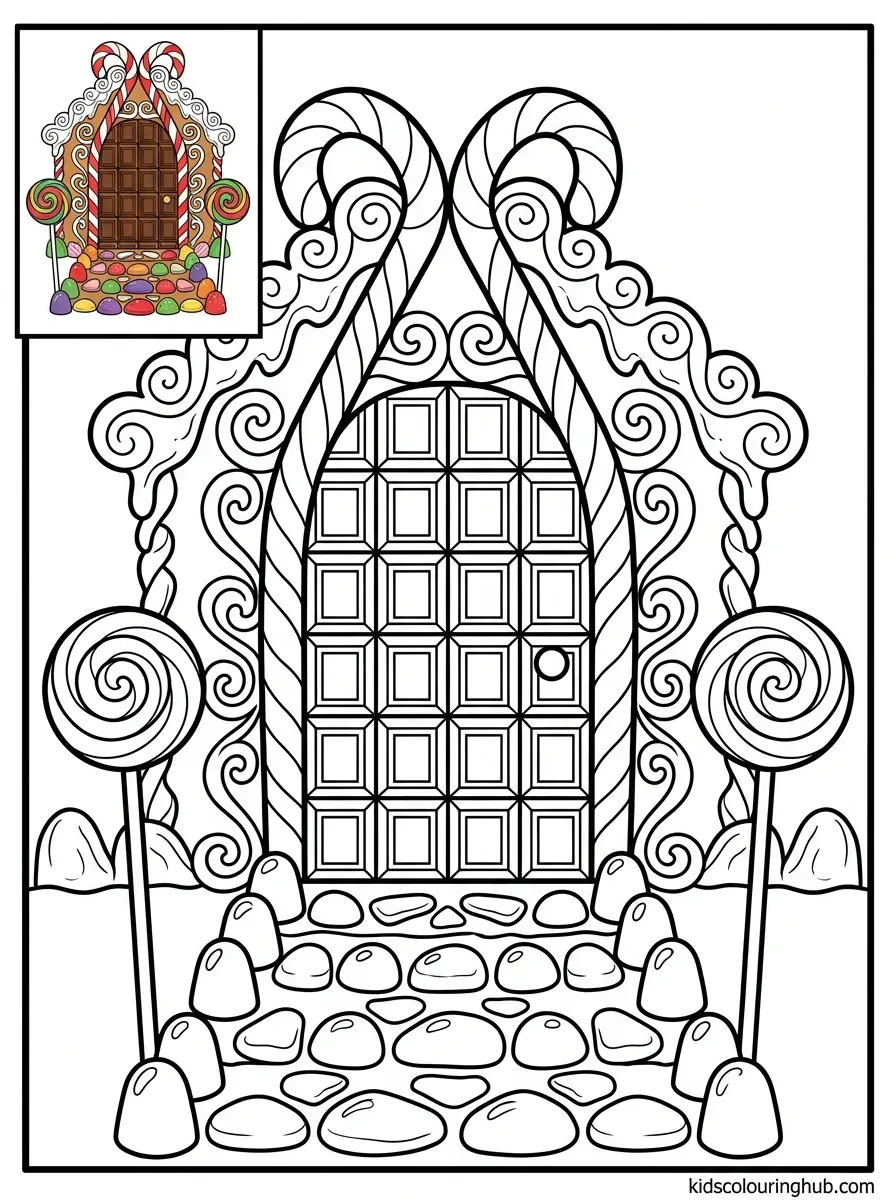 Sweet gingerbread house door coloring page for kids