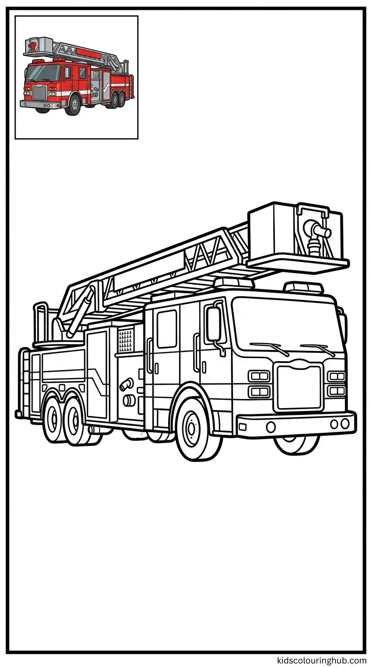 Black and white line art of an articulated tiller ladder fire truck with thick outlines and a small colored thumbnail.