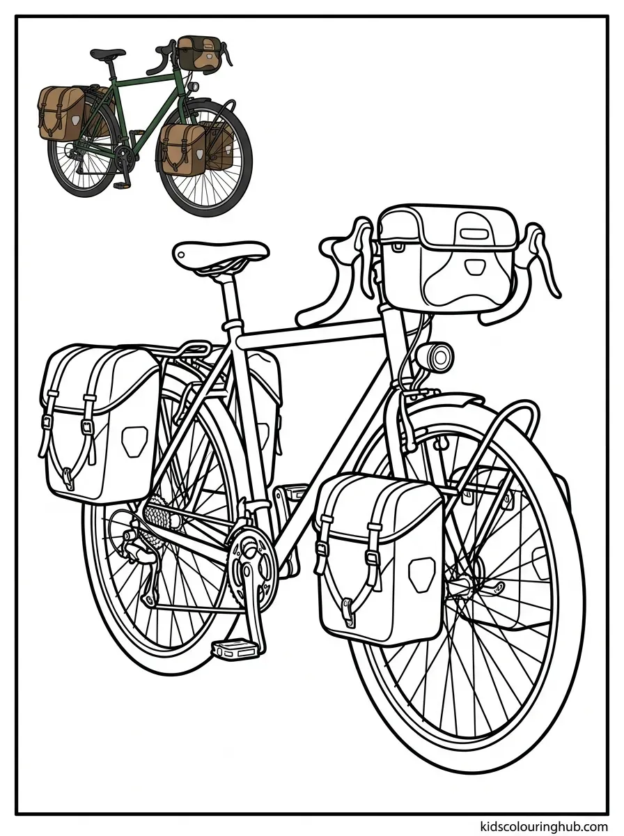 Line art of a touring bicycle with pannier bags
