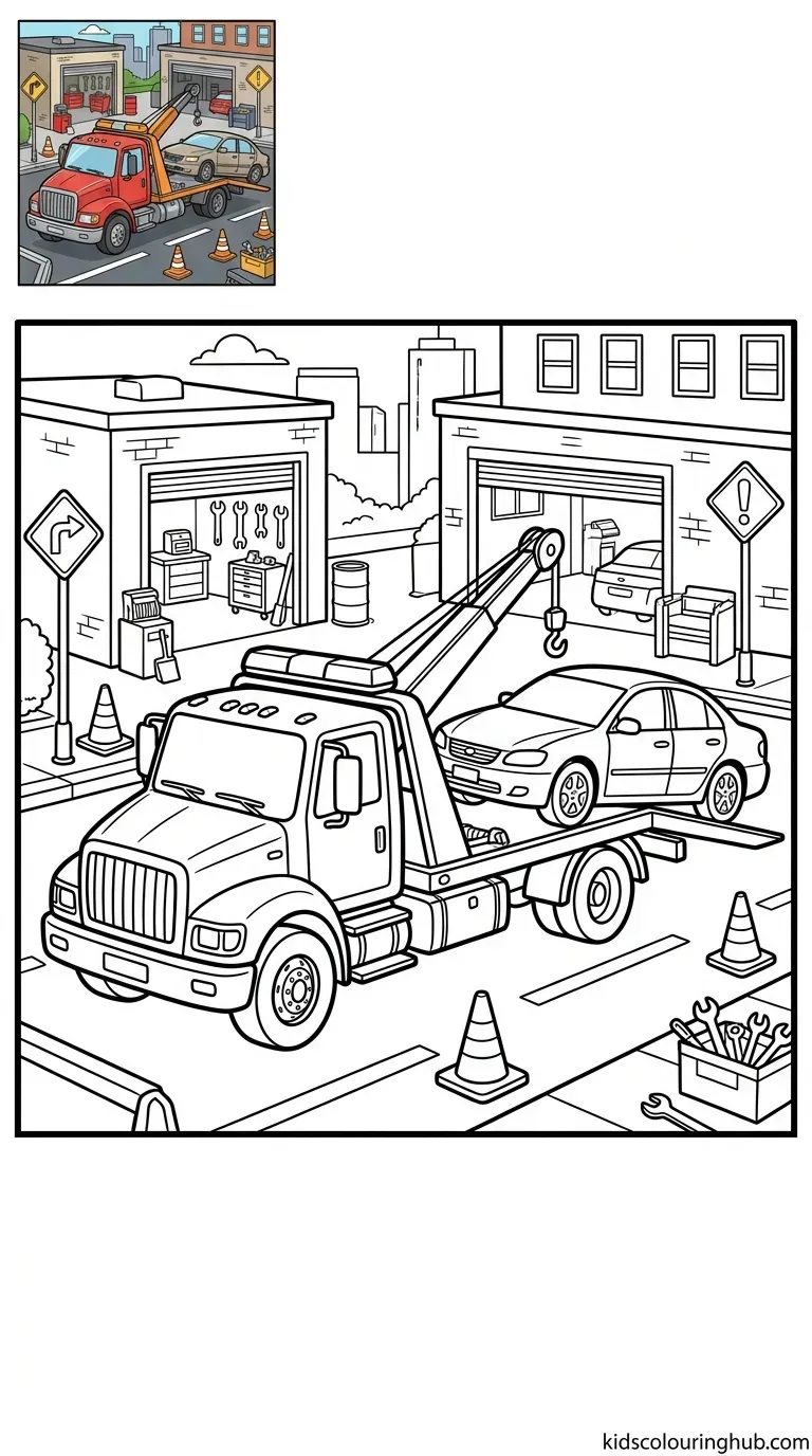 Black and white line art of a tow truck service with thick outlines and a colored thumbnail