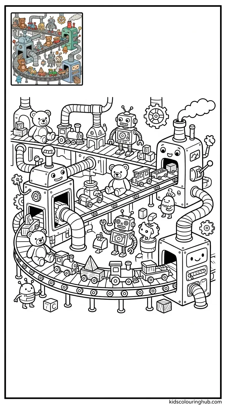 A friendly toy factory with teddy bears and robots on a conveyor belt