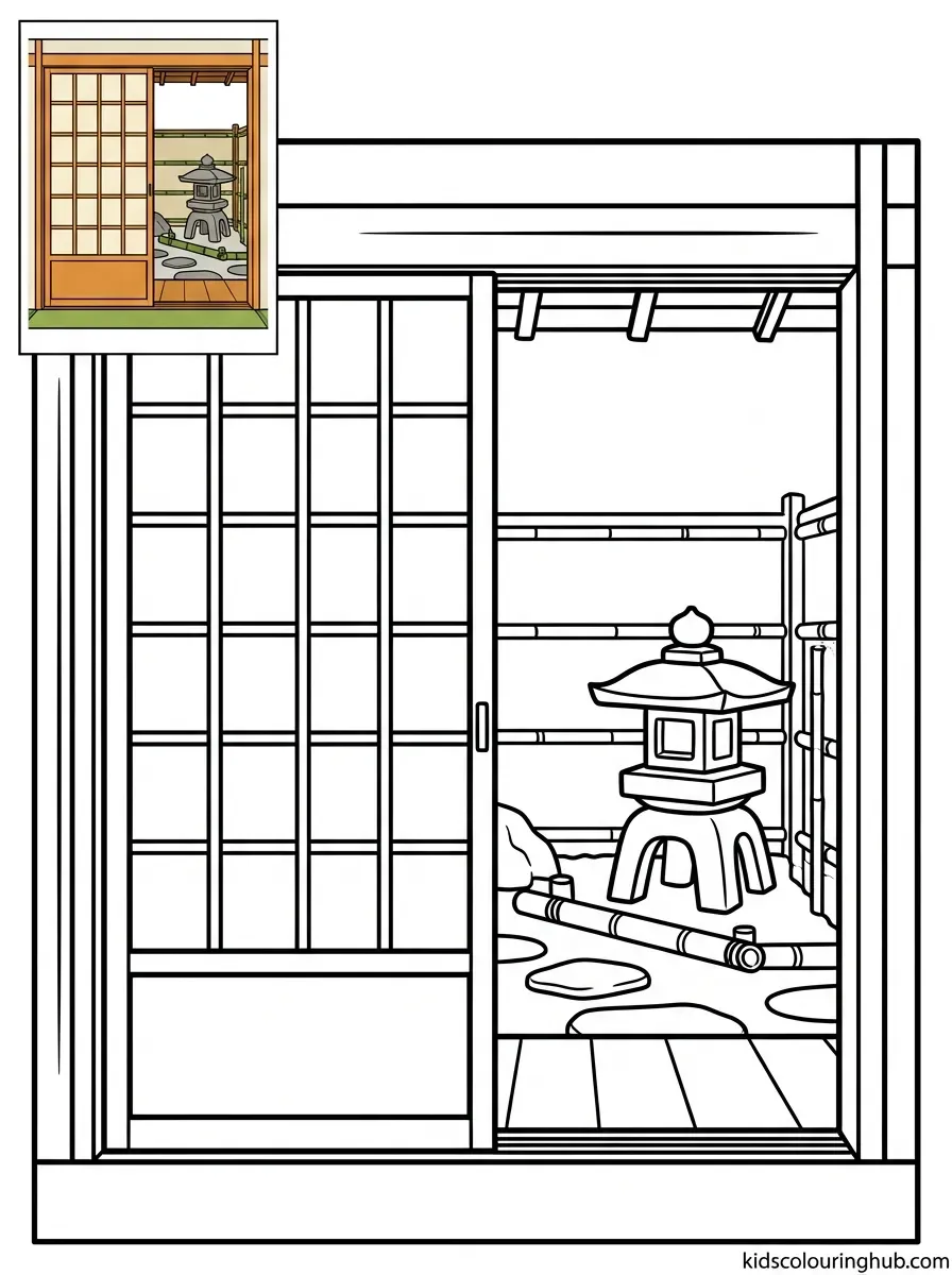 Traditional Japanese shoji door coloring page for kids