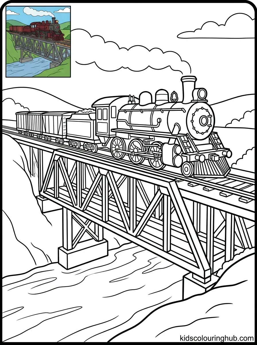 Line art of a train crossing a steel truss bridge