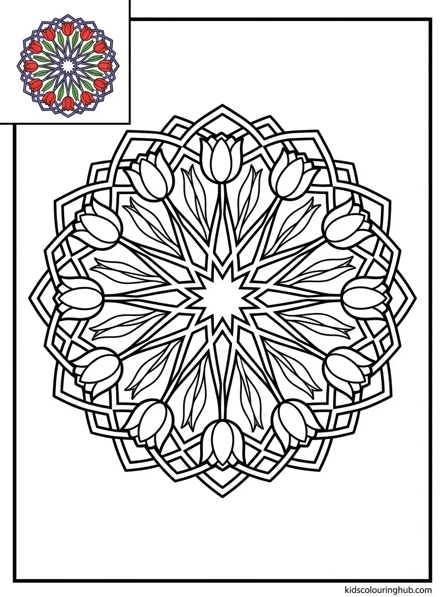 Line art of a tulip starburst mandala