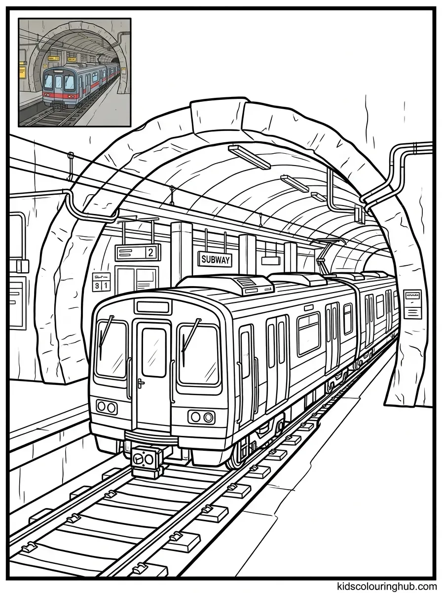 Line art of an underground subway metro train