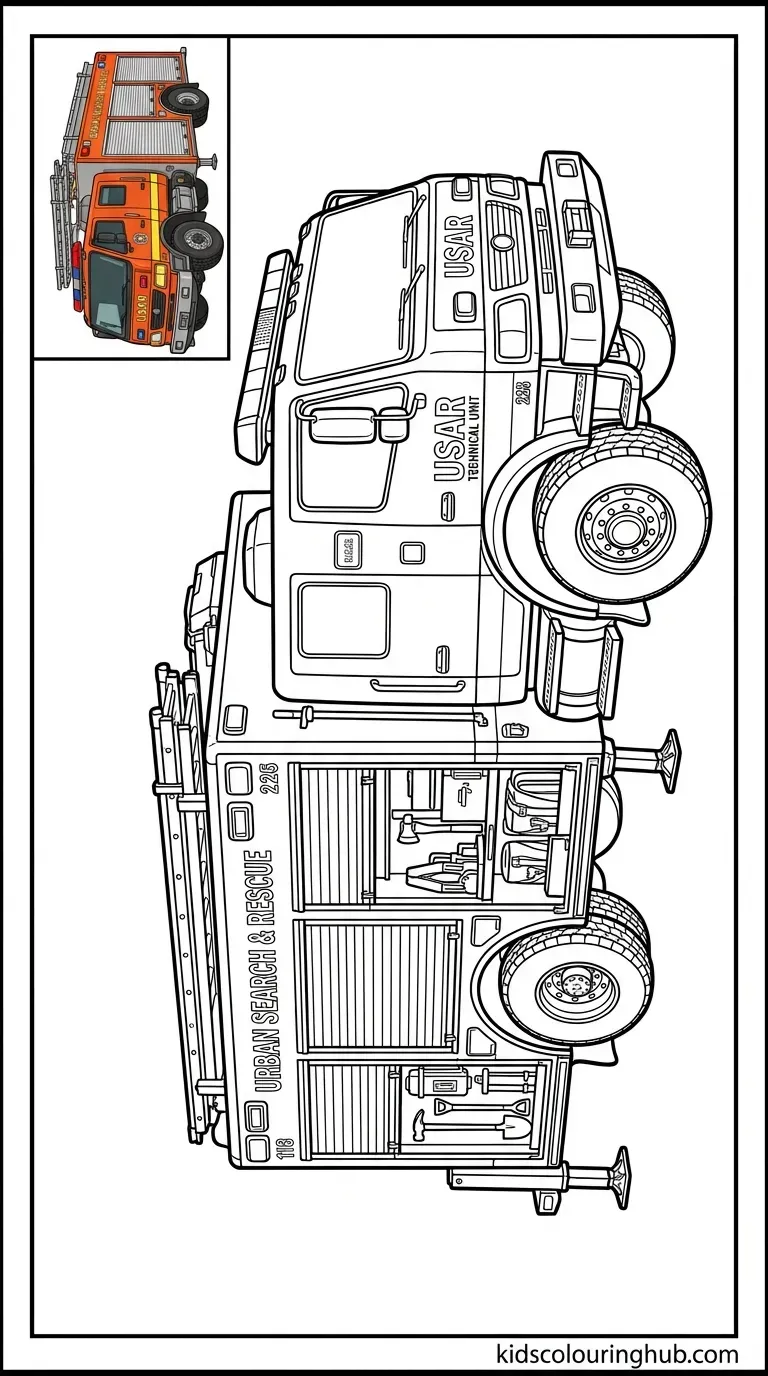 Black and white line art of an urban search and rescue (USAR) technical truck with thick outlines and a small colored thumbnail.
