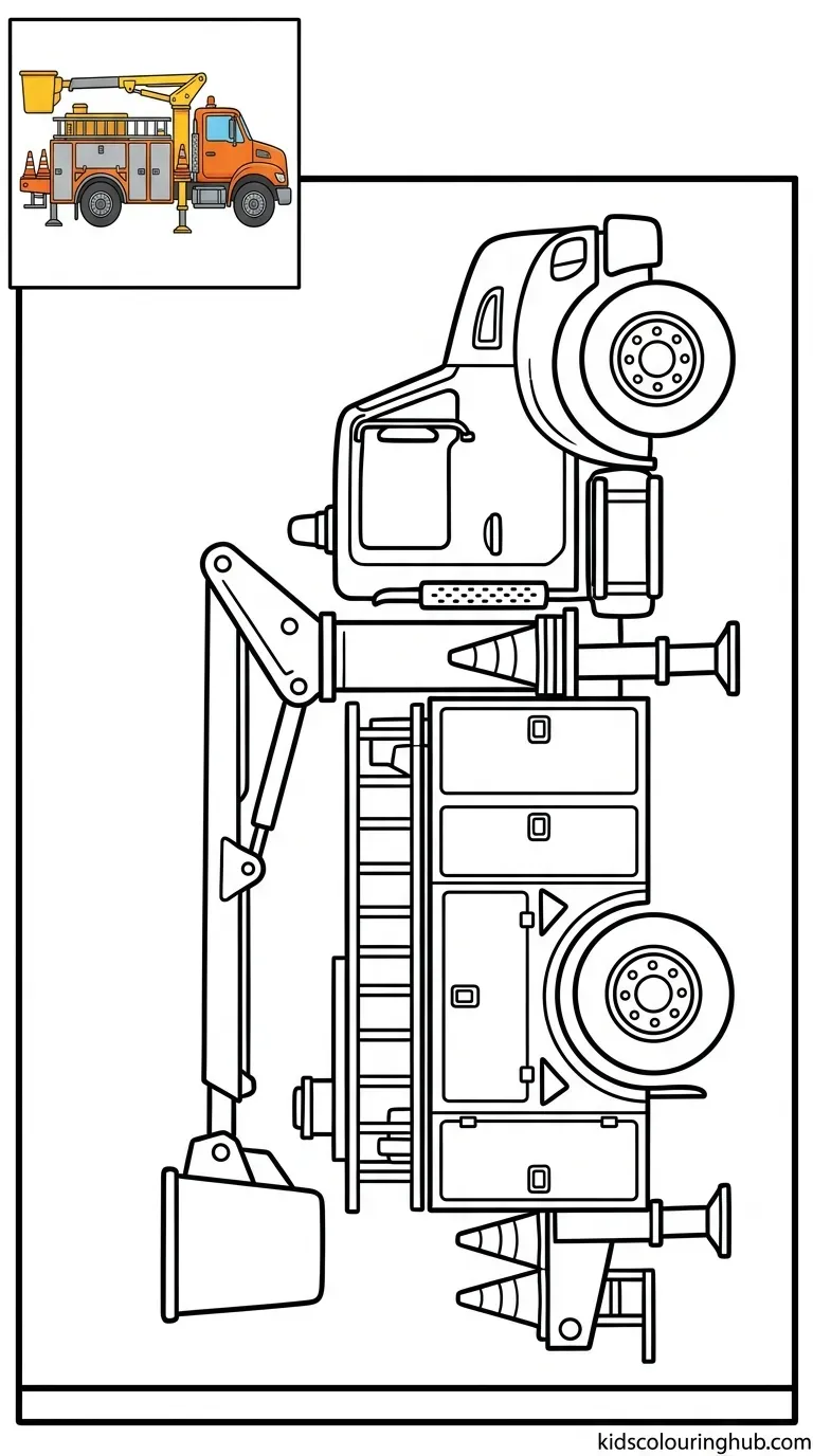 Black and white line art of a utility repair truck with thick outlines and a colored thumbnail