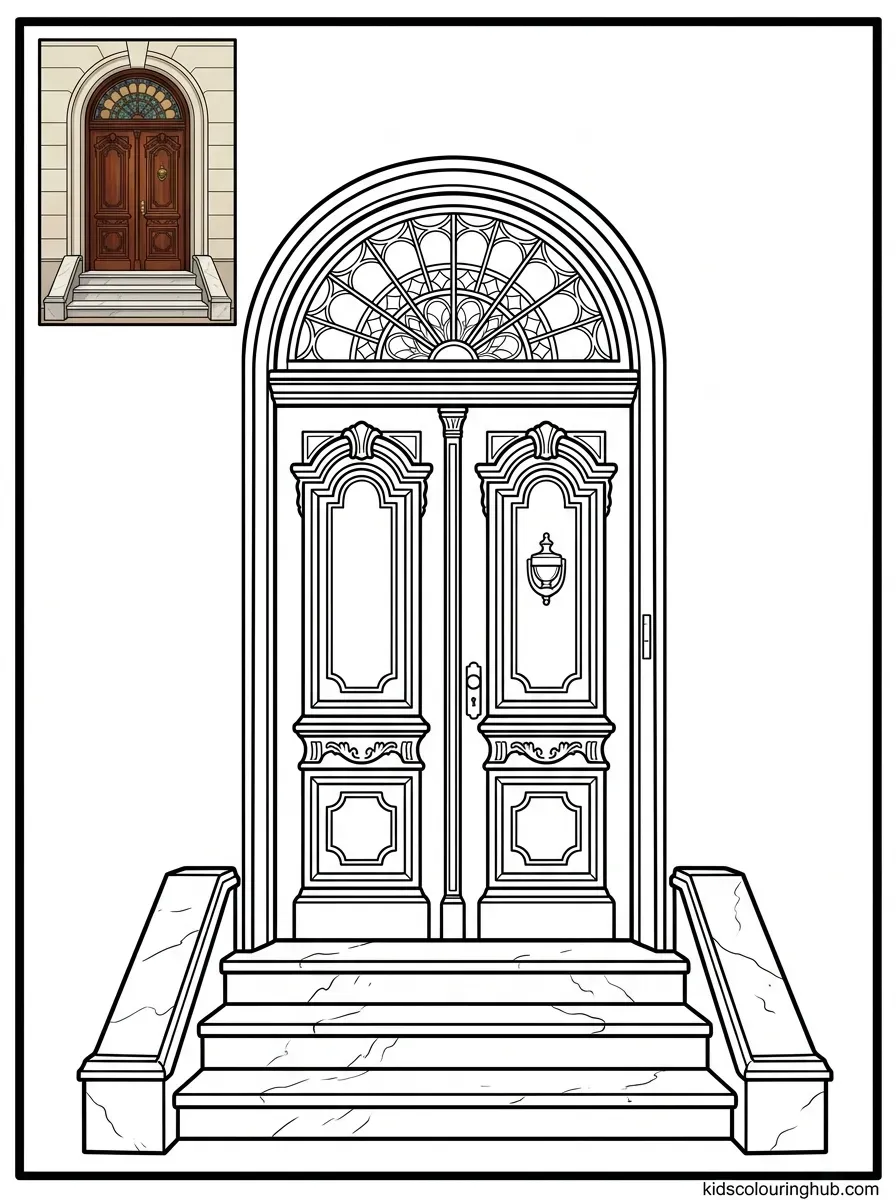 Victorian townhouse doorway coloring page for kids