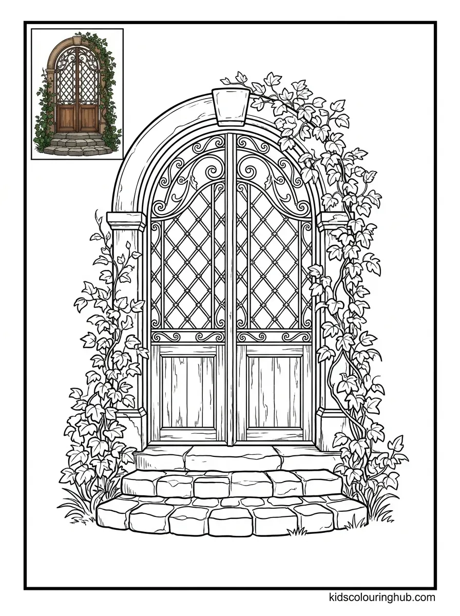 Vintage arched garden gate coloring page for kids